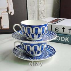 HERMES Porcelain Dual Tea Cup & Saucer Set Blue Mosaic Design In Gift Box