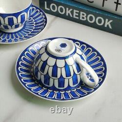 HERMES Porcelain Dual Tea Cup & Saucer Set Blue Mosaic Design In Gift Box