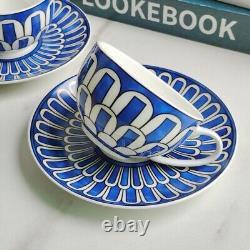 HERMES Porcelain Dual Tea Cup & Saucer Set Blue Mosaic Design In Gift Box