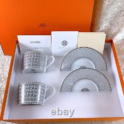 HERMES Tea Cup Saucer Mosaique Au 24 Platinum 2 Sets Porcelain Tableware withCase