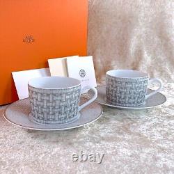 HERMES Tea Cup Saucer Mosaique Au 24 Platinum 2 Sets Porcelain Tableware withCase