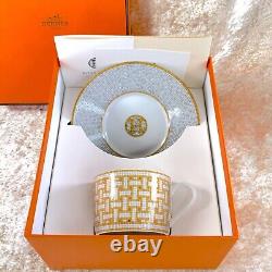 HERMES Tea Cup & Saucer Mosaique au 24 Gold French Porcelain withBox