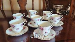 Hammersley Fine Bone set of 7 Tea Cup & Saucer Pink Roses Gold Trim England
