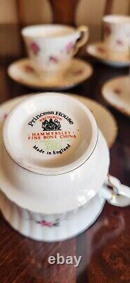 Hammersley Fine Bone set of 7 Tea Cup & Saucer Pink Roses Gold Trim England