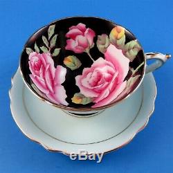 Hand Painted Pink Roses on Black Paragon Tea Cup and Saucer Set