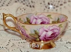 Hand Painted RARE AYNSLEY Footed Tea cup and Saucer Large PINK CABBAGE ROSES