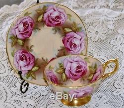 Hand Painted RARE AYNSLEY Footed Tea cup and Saucer Large PINK CABBAGE ROSES