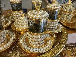 Handmade Copper Turkish Coffee Tea Serving Set Swarovski Coated Gold Color
