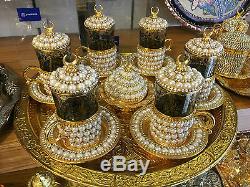 Handmade Copper Turkish Coffee Tea Serving Set Swarovski Coated Gold Color
