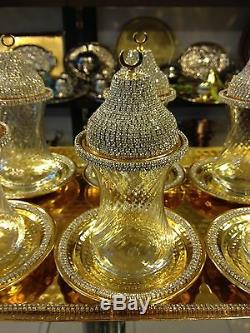 Handmade Copper Turkish Tea Water Zemzem Serving Set Swarovski Coated GoldColour