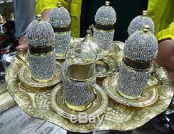 Handmade Turkish Swarovski Coated Copper/Glass Water-Tea-Zamzam Serving Set