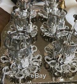 Handmade Turkish TEA Set Swarovski Crystal Coated Glass Cups Tray Delight Bowl
