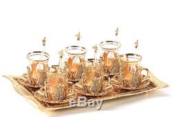 Handmade Turkish TEA Set Swarovski Crystal Coated Glass Cups Tray Gold Colour