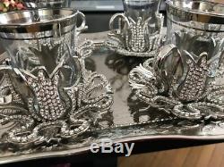 Handmade Turkish TEA Set Swarovski Crystal Coated Glass Cups Tray Silver Colour