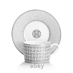 Hermes Mosaique Au 24 Platinum Tea Cups & Saucers Set Of 2 Pair #p035016p Bnib