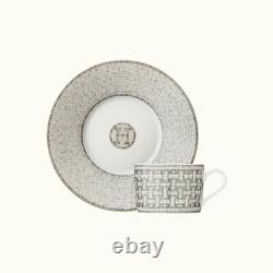 Hermes Mosaique Au 24 Platinum Tea Cups & Saucers Set Of 2 Pair #p035016p Bnib