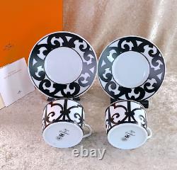 Hermes Paris Guadalquivir Black Tea Cup & Saucer 2 Sets Porcelain Tableware wBox