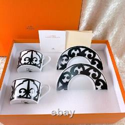 Hermes Paris Guadalquivir Black Tea Cup & Saucer 2 Sets Porcelain Tableware wBox