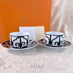 Hermes Paris Guadalquivir Black Tea Cup & Saucer 2 Sets Porcelain Tableware wBox