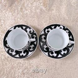 Hermes Paris Guadalquivir Black Tea Cup & Saucer 2 Sets Porcelain Tableware wBox