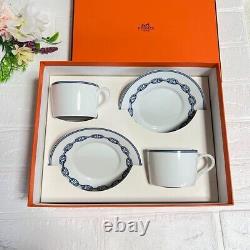 Hermes Paris Tea Cup & Saucer CHAINE D'ANCRE BLUE 2 Sets Tableware with Box