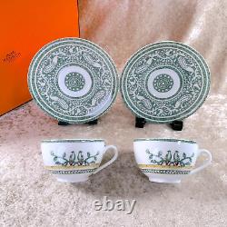 Hermes Paris Tea Cup & Saucer Early America Porcelain Tableware 2 Sets with Case