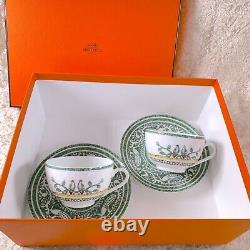 Hermes Paris Tea Cup & Saucer Early America Porcelain Tableware 2 Sets with Case