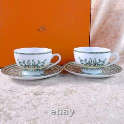 Hermes Paris Tea Cup & Saucer Early America Porcelain Tableware 2 Sets with Case