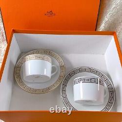 Hermes Paris Tea Cup & Saucer Egee Soleil Gold and Platinum 2 Sets with Case