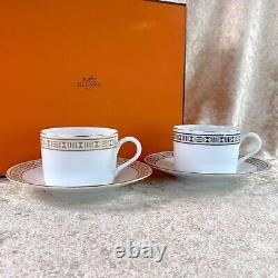 Hermes Paris Tea Cup & Saucer Egee Soleil Gold and Platinum 2 Sets with Case