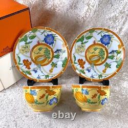 Hermes Paris Tea Cup Saucer La Siesta Yellow Porcelain Tableware 2 Sets with Box
