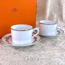 Hermes Paris Tea Cup & Saucer Sets CHAINE D'ANCRE PLATINUM 2 Sets with Case