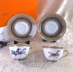 Hermes Paris Tea Cup and Saucer Cheval d'Orient N° 2 & N°3 2 Sets Tableware wBox