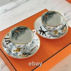 Hermes Tea Cup Saucer Carnets d'Equateur White Gold Tableware 2 set Auth New Box