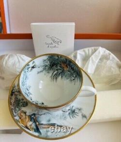 Hermes Tea Cup Saucer Carnets d'Equateur White Gold Tableware 2 set Auth New Box