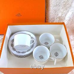 Hermes Tea Cup & Saucer Sets CHAINE D'ANCRE PLATINUM 4 Sets with Box