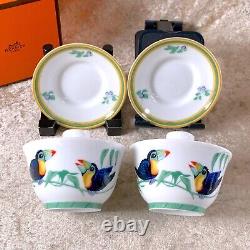 Hermes Toucans Tea Cup & Saucer with Top Cover Porcelain Tableware 2 Sets withCase