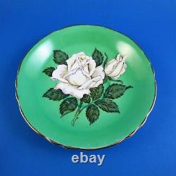 Huge Painted White Rose on Green Background Paragon Tea Cup and Saucer Set