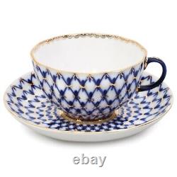 Imperial Porcelain Cobalt Net Teacup and Saucer Set LFZ Lomonosov Tea Cup 8.5 oz