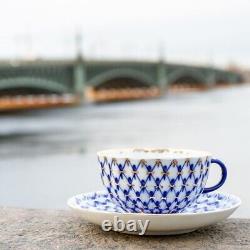 Imperial Porcelain Cobalt Net Teacup and Saucer Set LFZ Lomonosov Tea Cup 8.5 oz