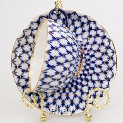 Imperial Porcelain Cobalt Net Teacup and Saucer Set LFZ Lomonosov Tea Cup 8.5 oz