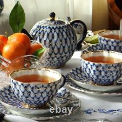 Imperial Porcelain Cobalt Net Teacup and Saucer Set LFZ Lomonosov Tea Cup 8.5 oz