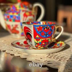 Imperial Porcelain Folk Patterns Teacup and Saucer Set LFZ Lomonosov Tea Cup