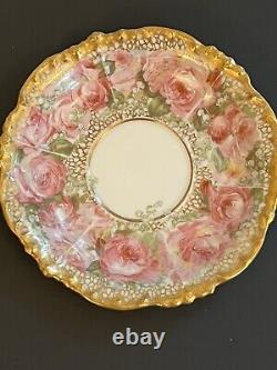 Incredible Antique Pink Cabbage Roses Handpainted Teacup & Saucer JPL Limoges