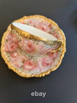 Incredible Antique Pink Cabbage Roses Handpainted Teacup & Saucer JPL Limoges