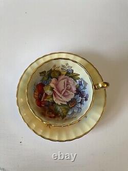 J A Bailey Aynsley England Fine Bone China Cabbage Rose Golden Tea Cup Saucer