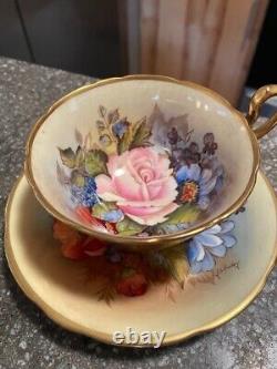 J A Bailey Signed Rose Tea Cup & Saucer Gold and Cream Ansley England Cabbage