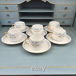 J & C Jaeger & Co Bavaria Hand Painted Tea Cup Saucer Set Of 6 Floral Blue Gold