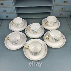 J & C Jaeger & Co Bavaria Hand Painted Tea Cup Saucer Set Of 6 Floral Blue Gold