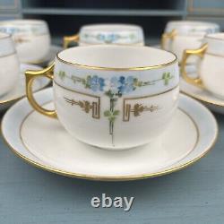 J & C Jaeger & Co Bavaria Hand Painted Tea Cup Saucer Set Of 6 Floral Blue Gold